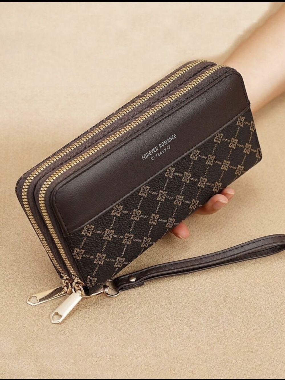 Forever 21 Brown Double-Zip Wristlet Wallet with Monogram Pattern